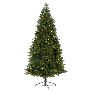 7' Grand Teton Spruce Flat Back Faux Xmas Tree W/ Lights & Bendable Branches