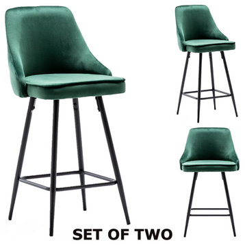 Upholstered 25" Dining Stool Bar Chairs, Set of 2 Green Velvet