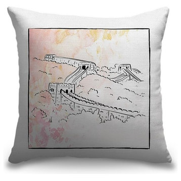 "Great Wall - Brushstroke Buildings" Outdoor Pillow 16"x16"