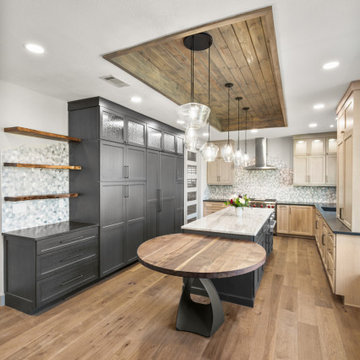 Open Concept Kitchen with Floating Shelves and Marble Island