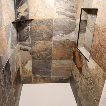 Century Home Farmhouse Masterbath with Vessel Sink and Tiled Shower