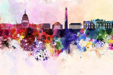 Washington DC skyline in watercolor background