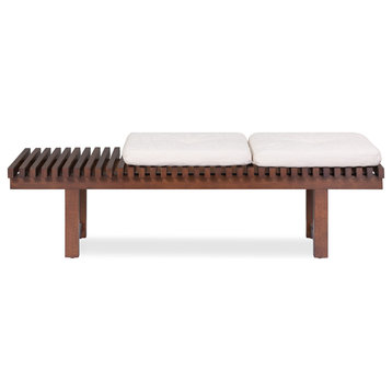 Slat Fabric and Leather Bench, Pearl