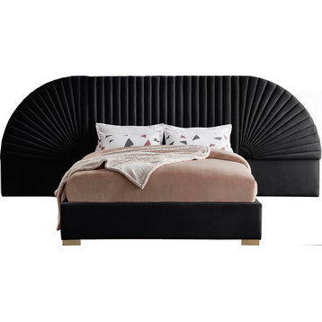 Cleo Velvet Upholstered Bed With Custom Gold Steel Legs, Black, Queen