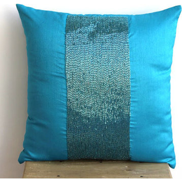 Metallic Beaded Blue Pillows Cover, Art Silk 12x12 Cushion Covers, Aqua Center
