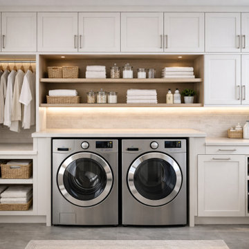 Modern Laundry Room Design with Custom Cabinets and Washer Dryer Storage