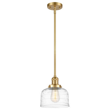 Large Bell 1 Light Mini Pendant, Satin Gold, Clear Deco Swirl