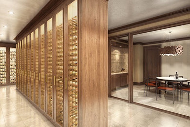 This is an example of an expansive traditional wine cellar in New York with porcelain floors, display racks and grey floor.