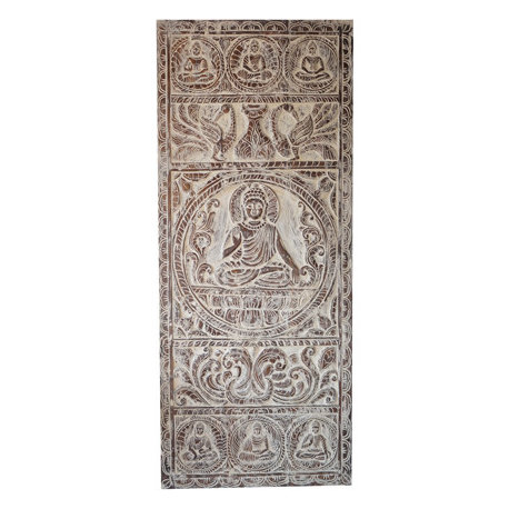 Consigned Artistic Carved Door, Vintage Whitewashed Buddha Barn Door