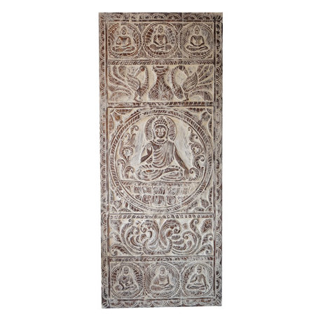 Consigned Sitting Buddha Barn Door Vintage Carved Wood Accent Wall Art 83
