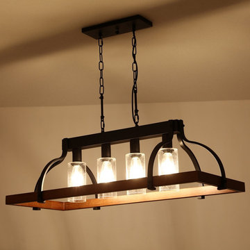 $242.99 Rustic Metal and Wood 4-Light Kitchen Island Pendant Light with Seeded G