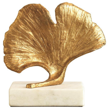 Elegant Gold Gingko Leaf Metal Sculpture White Marble Organic Shape Botanical