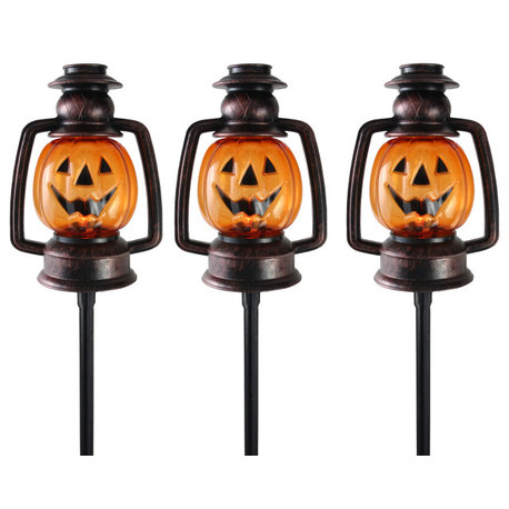 Set of 3 Orange Flickering Halloween Jack O' Lantern Pathway Markers 16.75 "