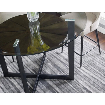 Modern Counter Dining Table, Black Metal Legs & Round Clear Tempered Glass Top