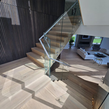 Project #129 | Modern White Oak Staircase with Slanted Risers