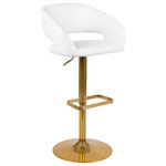 Flash - White Vinyl Adjustable Barstool with Rounded Mid-Back and Gold Base - Everyone knows that the classics never go out of style and this white vinyl upholstered adjustable height barstool is the perfect example. A great fit for your breakfast bar or kitchen counter, this stool has a rounded mid-back design and a cutout back. Its seat and back are padded with 1.5" of foam and upholstered in vinyl. The height adjustable swivel seat easily adjusts from counter to bar height using the convenient gas lift handle, located just below the seat. The gold base and footrest complement the stool's modern design. A plastic ring, embedded in the base, protects your floor by sliding smoothly when you need to move the stool. Designed for residential use, this adjustable height barstool is an excellent choice when you need a versatile seating option for your home.