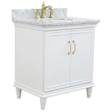 31" Single Vanity, White Finish With White Carrara And Oval Sink