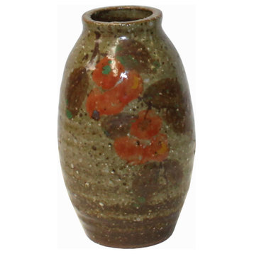 Handmade Ceramic Brown Tan Gray Flower Graphic Jar Vase Hws2466
