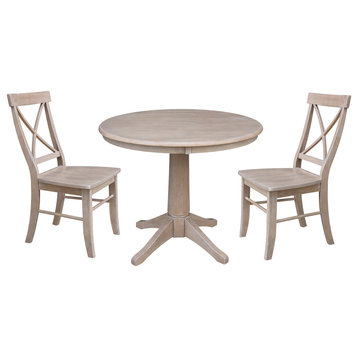 36" Round Top Pedestal Table With 2 X-Back Chairs, 3-Piece Set, Washed Gray Taupe