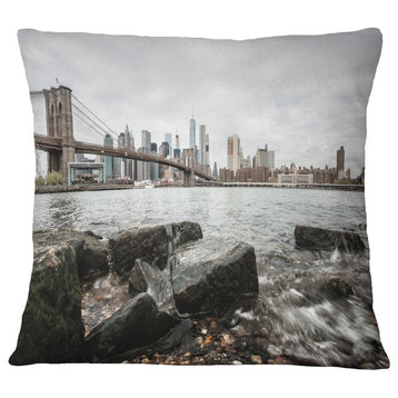Brooklyn Bridge With Rocks On Shore Cityscape Throw Pillow, 18"x18"