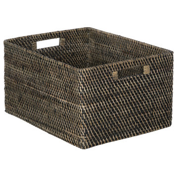 Loma Rectangular Decorative Rattan Storage Basket With Handles, Black Wash