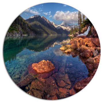 Clear Lake With Distant Mountains, Landscape Round Metal Wall Art, 36"