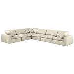Meridian Furniture - Comfy Upholstered L-Shaped Modular Sectional, Cream, 6-Piece: 3 Armless Chair, 3 Corner Chair, Vegan Leather - Give your space a whole new look with this cream Comfy vegan leather sectional. This handsome sectional fits nicely with other items in the Comfy collection and is a versatile seating option designed for adaptability, comfort and style. Wrapped in rich cream durable vegan leathered upholstery, this sectional offers a plush embrace of overstuffed down feather cushions, carefully crafted to deliver the highest level of comfort. The perfect seat for creating an oasis for relaxation, this sectional has thick foam surrounding its frame for added support and coziness.