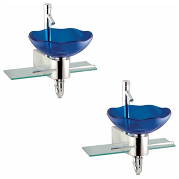 Blue Glass Vessel Sink Lotus Design with Faucet, Drain and Towel Bar Pack of 2