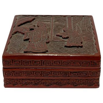 Vintage Chinese Red Resin Lacquer Square Carving Small Accent Box Hws3013