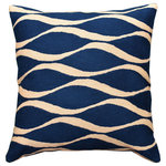 Kashmir Designs - Contemporary Waves Midnight Blue I Decorative Pillow Cover Handmade Wool 18x18" - Kashmir is proud to bring together the modern abstract vector design pillow collection, hand embroidered by the finest artisans of Kashmir, into the living spaces of patrons and connoisseurs’ all around the world. These unique, seamless and modern pillows would bring together the artistic elements of any room, creating a harmonious design and perfect air of sophistication.