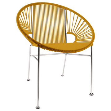 Concha Indoor/Outdoor Handmade Dining Chair, Caramel Weave, Chrome Frame