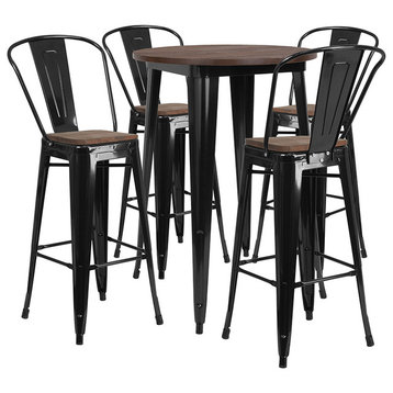 30" Round Black Metal Bar Table Set with Wood Top and 4 Stools