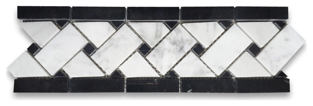 Carrara Marble Basketweave Listello Border Black Dots Polished 4x12, 1 sheet