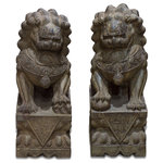 China Furniture and Arts - Imperial Stone Chinese Foo Dogs Statues - Always standing in pairs, Foo Dogs are fantasy lions in Chinese mythology who serve as guardians to prevent harmful things from happening to the family. This handsome pair is standing in commanding posture. The male, with a paw on a symbolic ball, protects the world, while the female, with a paw on a cub, protects the dwelling. A grand reproduction of the pair of Foo Dogs that guard the front gate of the Forbidden City in Beijing, China. Completely hand carved in stone. Each one is 9"x13"x24" and weighs approximately 150lbs. For indoor or outdoor use. Sold as a pair.