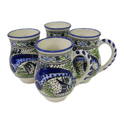 Le Souk Ceramique - Large Stoneware Mugs, Set of 4, Aqua Fish Design - Mugs