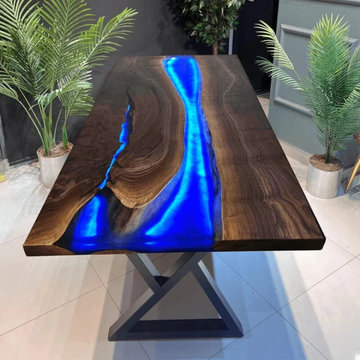 Artisan-Crafted Black Walnut Blue River LED Epoxy Table