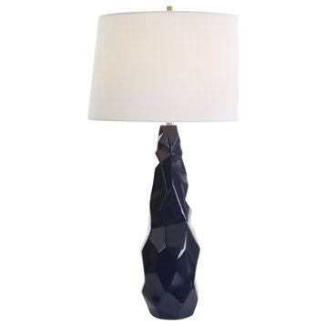 Abstract Faceted Gloss Navy Blue Ceramic Table Lamp 31 in Geometric Crinkle Luxe
