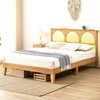 Modern Rustic Platform Bed, Wood Frame & Rattan Accented Headboard