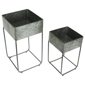 Set of 2 Galvanized Zinc Finish Square Metal Planters On Stands