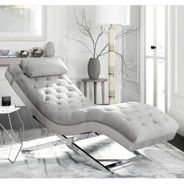 Grey Velvet and Chrome Chaise with Headrest Pillow