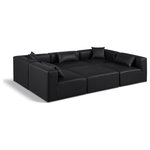 Meridian Furniture - Cube Upholstered Modular Sectional, Black, 6-Piece: 3 Armless Chair, 2 Corner Chair, 1 Ottoman, Vegan Leather - Elevate your space with the luxurious Cube Vegan Leather Modular Sectional. This modular sectional exudes modern elegance, charm, and comfort making it a perfect addition to any contemporary living space. Its clean lines and cube shape are reminiscent of minimalist design, while the plush black vegan leather upholstery adds a touch of luxury and sophistication. The chair's versatile construction and geometric aesthetic seamlessly integrate into various design styles, from sleek living rooms to chic home offices, embodying the essence of modern design and creating a sense of order and tranquility in your space.
