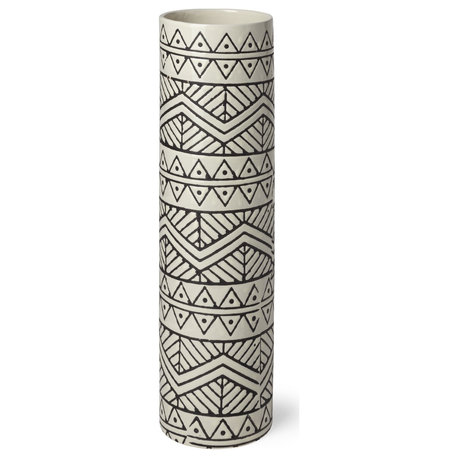 14" Black and Cream Tribal Geo Ceramic Vase