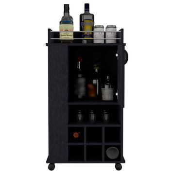 Farson Bar Cart with 6 Built-in Wine Racks, Cabinet, and Caster Wheels, Black