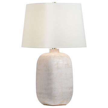 Pemba Large Combed Table Lamp in Glossy White Crackle with Linen Shade