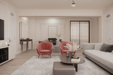 Modelo de salón para visitas abierto minimalista grande sin chimenea con paredes beige, suelo de madera clara, televisor colgado en la pared, suelo beige y panelado