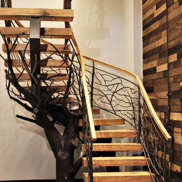 Rustic Metal Railing, Floating Staircase with Tree