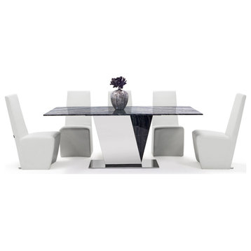 Malbec Marble Dining Table Set with 8 White Chairs