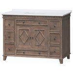 L&K Designs - 48 Inch Large Distressed Bathroom Vanity with Choice of Top and Sink, Rustic, Wh - L & K Designs Lancaster vanity is a model of rustic ambiance and excellent craftsmanship. The unassuming charm of the Lancaster vanity makes it the perfect piece to complete a room. The base is constructed from beautiful and durable mango wood, and it is sealed with a clear finish that enhances and protects the natural beauty of the wood. This classically designed vanity has a white quartz top with grey veining; a rectangular white porcelain undermount bowl; and a one-inch backsplash. The faucet spread is 8 inches. It has two doors with European-style concealed hinges that open to reveal removable shelf space and seven functional drawers with full extension ball bearing drawer guides. The vanity has stovepipe colored hardware with white antiquing. The Lancaster vanity measures 48 inches wide, 22 inches deep, and 36 inches tall.