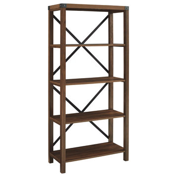 Industrial Bookcase, Open Shelves With X-Metal Back Support, Dark Walnut