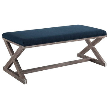Vintage Bench, Trestle Base With X-Shaped Sides and Padded Navy Upholstered Seat